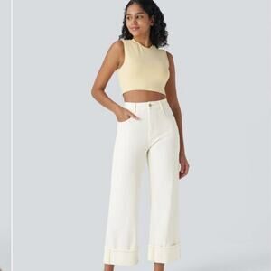 NEW Halara Flex High Waisted Rolled Hem Wide Leg Stretch Denim Jeans Small Ivory